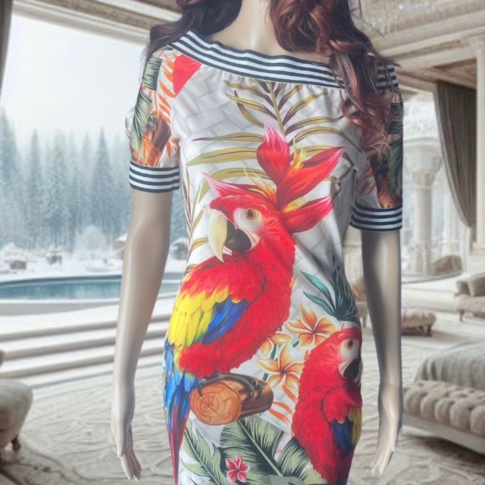 Stunning Designer CBR Island Multi Color  Parrot Mini Dress sz M stretchy NWT